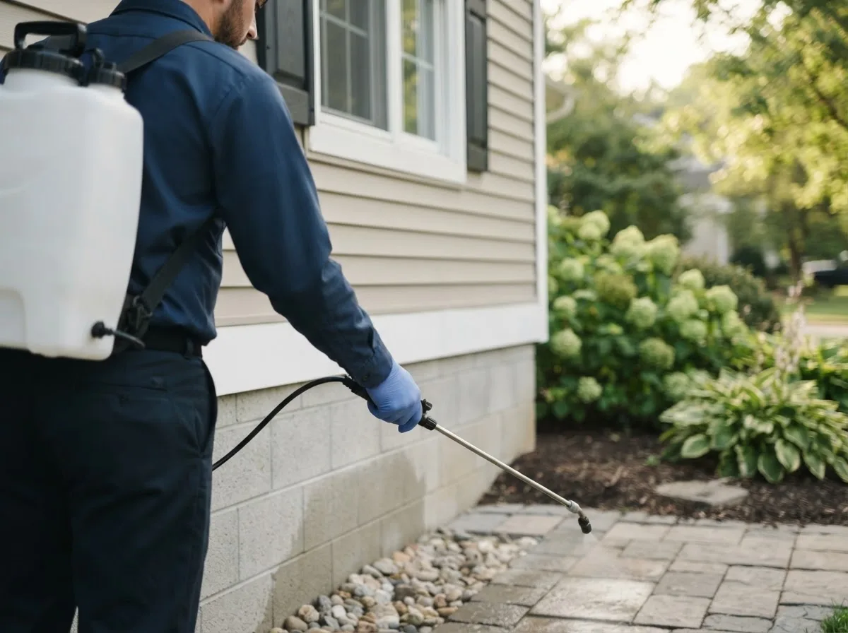 Pest control technician inspecting a home in Clune, PA